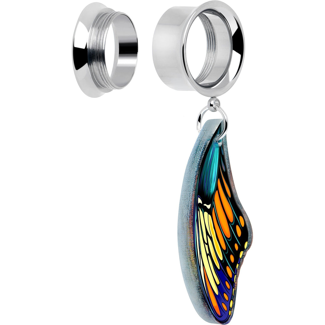 Sea Dragon Dreams butterfly wing ear tunnels featuring vibrant blue and orange acrylic charms on surgical steel plugs.