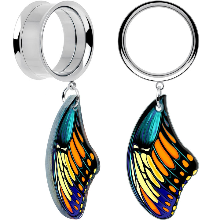 Sea Dragon Dreams butterfly wing ear tunnels featuring vibrant blue, orange, and yellow acrylic charms on steel plugs.