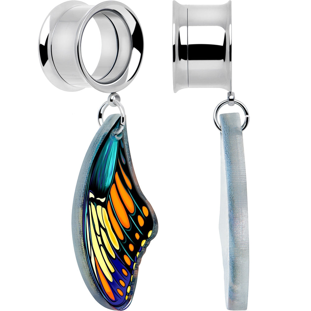 Sea Dragon Dreams butterfly wing ear tunnels in surgical steel with vibrant blue, yellow, and orange acrylic charms.