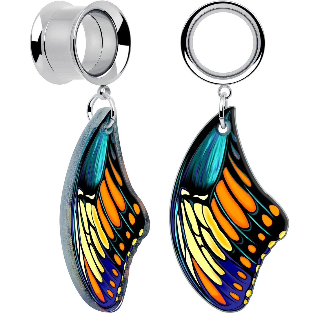 Sea Dragon Dreams butterfly wing ear tunnels featuring vibrant blue, orange, and yellow acrylic charms on steel plugs.
