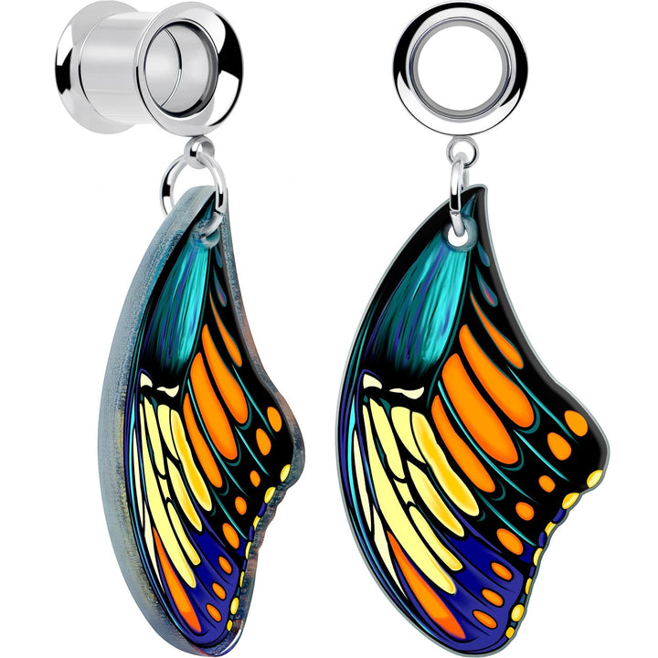 Sea Dragon Dreams butterfly wing ear tunnels featuring vibrant blue, yellow, and orange acrylic charms on steel plugs.