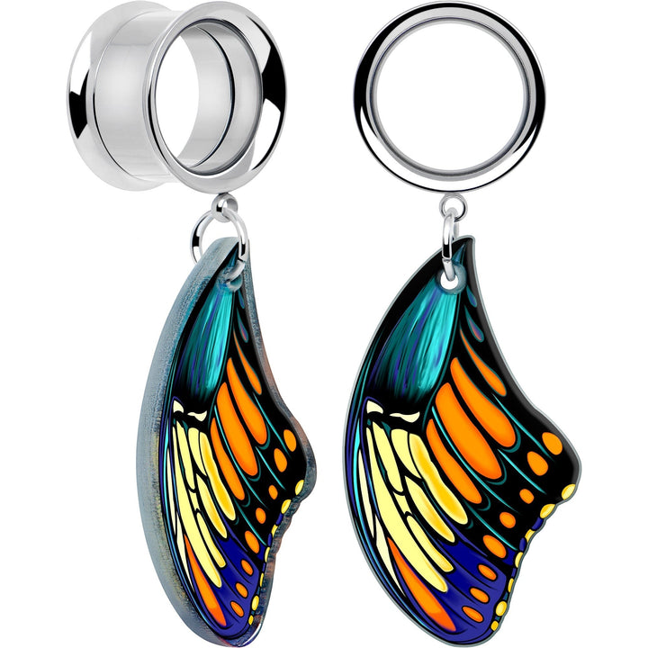 Sea Dragon Dreams butterfly wing ear tunnels featuring vibrant blue, yellow, and orange acrylic charms on steel plugs.