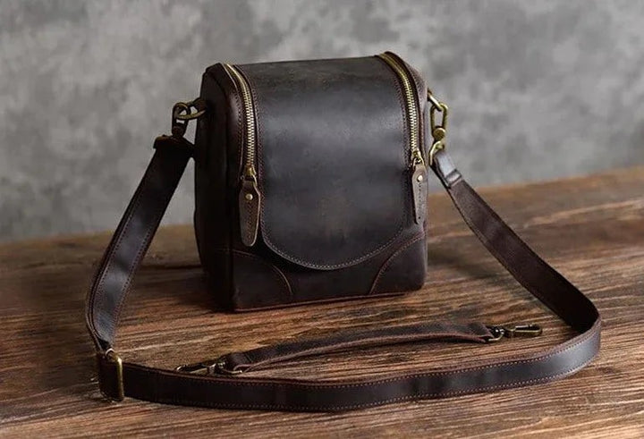 Sea Dragon Dreams Calista handcrafted dark brown full-grain leather camera bag with a vintage design and shoulder strap