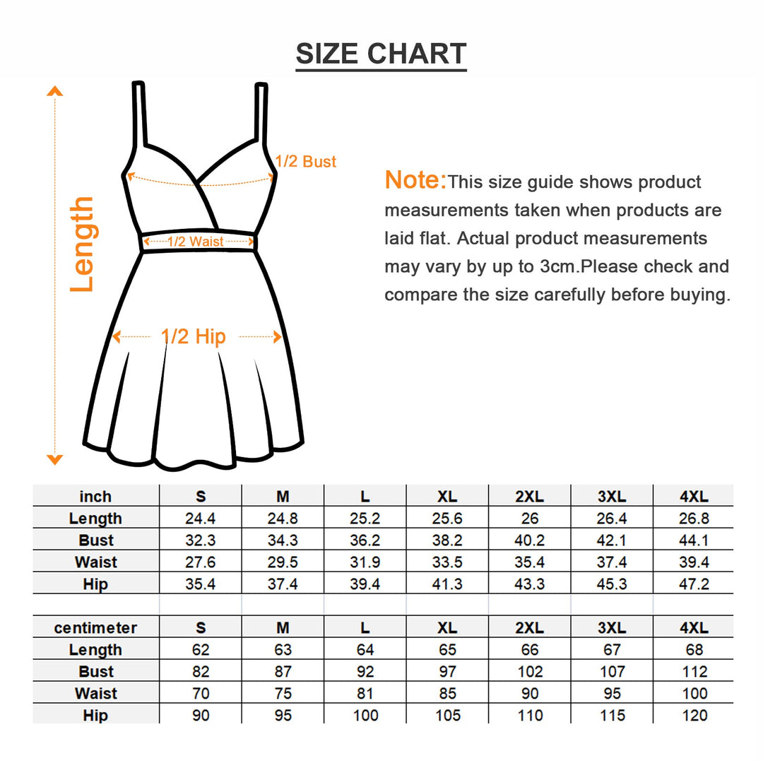 Sea Dragon Dreams size chart for women's cami dress showing length, bust, waist, and hip measurements in inches and cm.