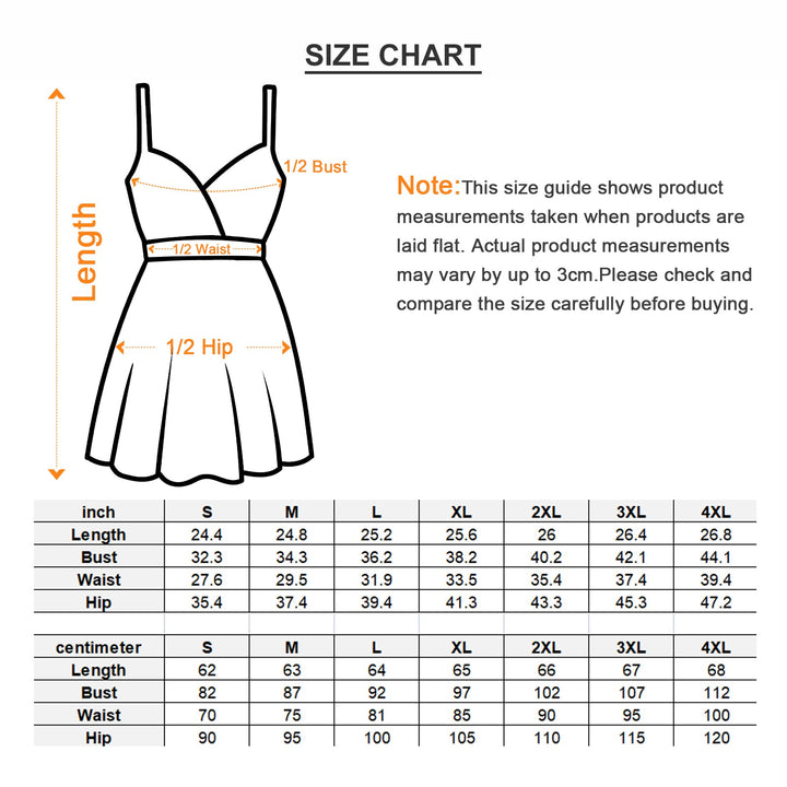 Sea Dragon Dreams size chart for women's cami dress showing length, bust, waist, and hip measurements in inches and cm.