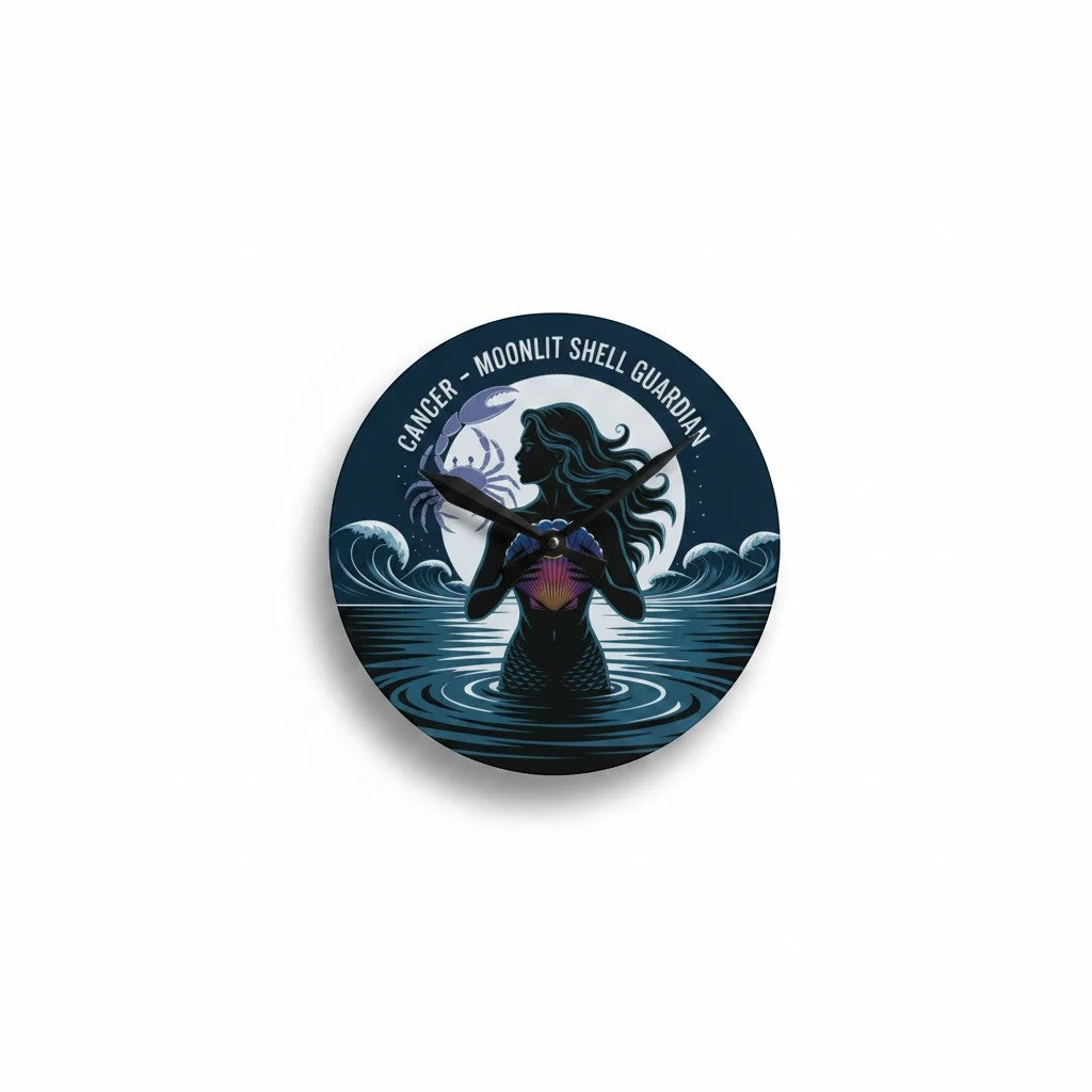 Sea Dragon Dreams round acrylic wall clock featuring a Cancer zodiac mermaid illustration with a glowing shell.