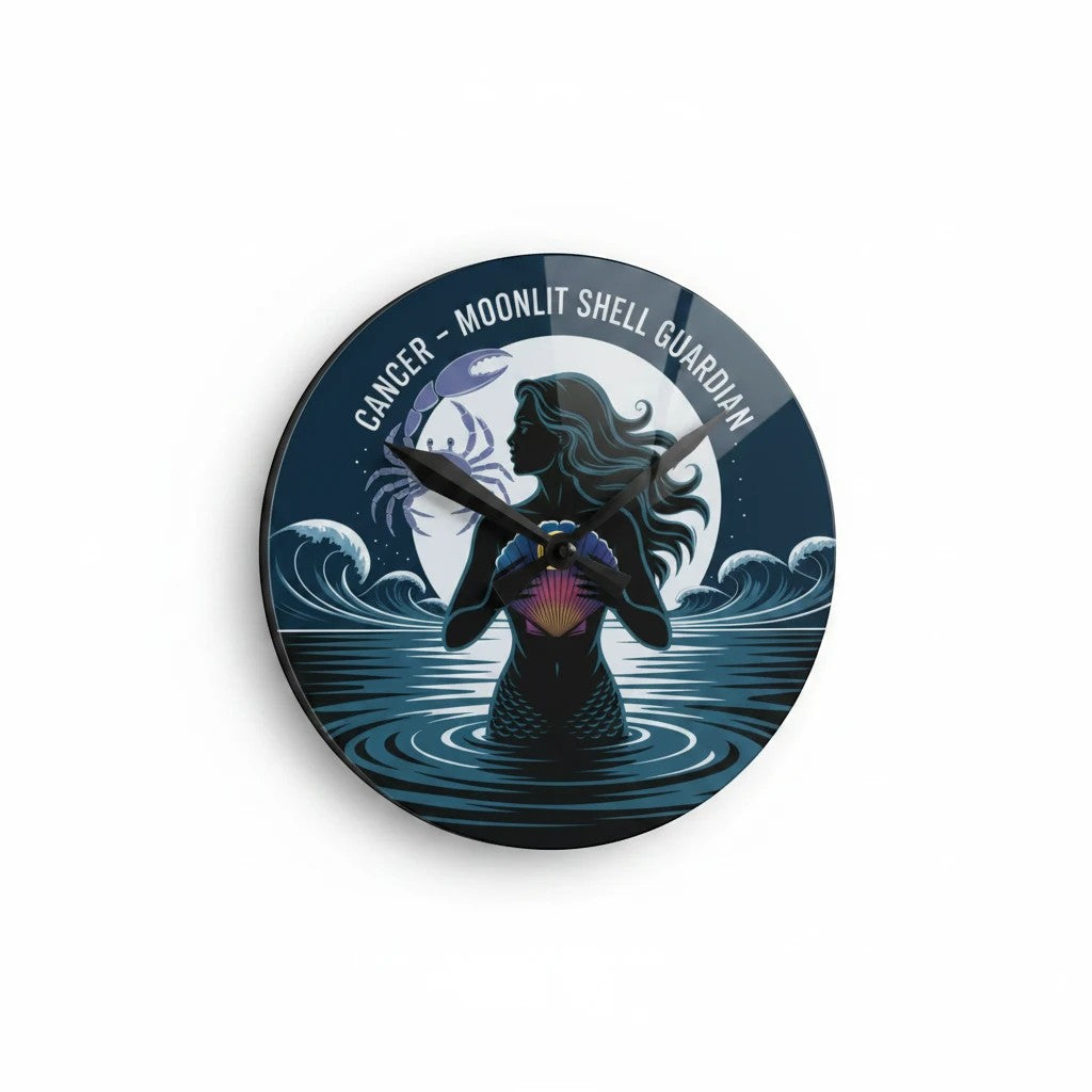 Sea Dragon Dreams round acrylic wall clock featuring a Cancer zodiac mermaid guardian holding a shell under a full moon.