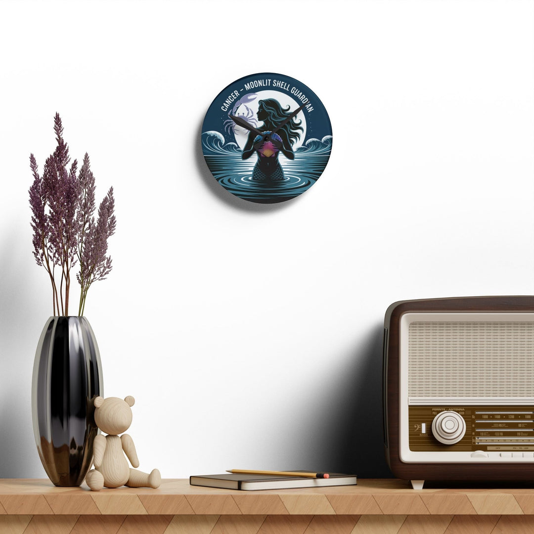 Sea Dragon Dreams round acrylic wall clock featuring a Cancer zodiac mermaid illustration hanging on a white wall.