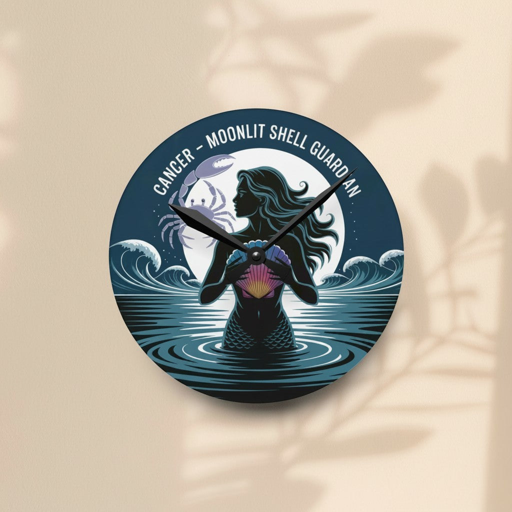 Sea Dragon Dreams round acrylic wall clock featuring a Cancer zodiac mermaid illustration with a glowing shell.