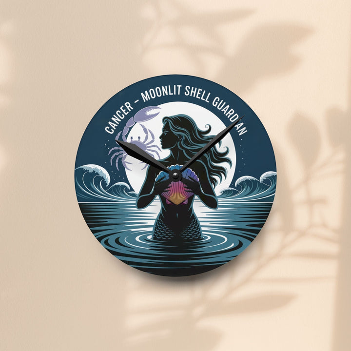 Sea Dragon Dreams round acrylic wall clock featuring a Cancer zodiac mermaid illustration with a glowing shell.