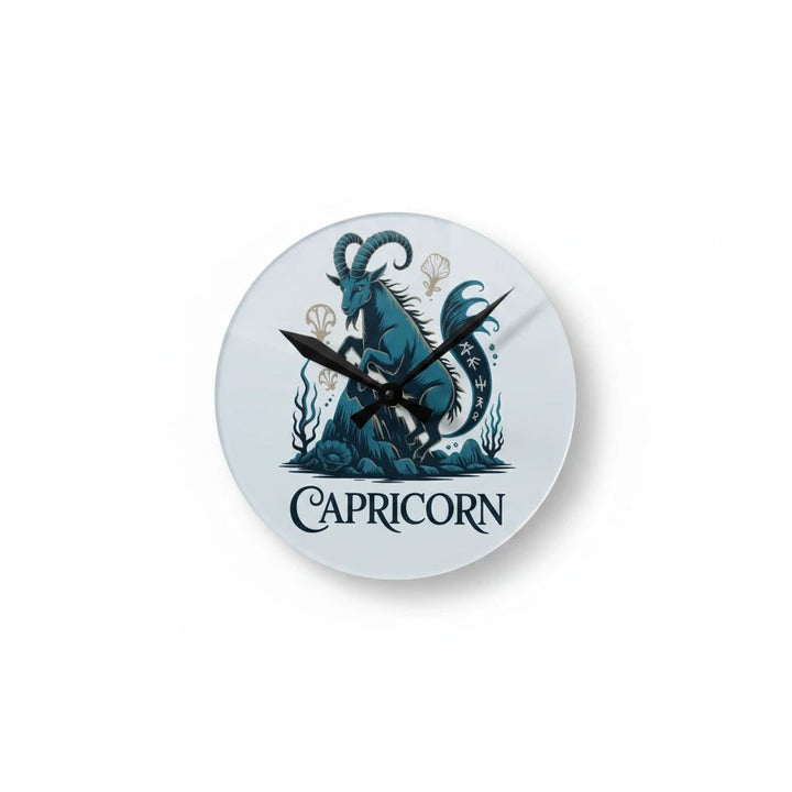 Sea Dragon Dreams round acrylic wall clock featuring a teal Capricorn sea-goat illustration on a white background.