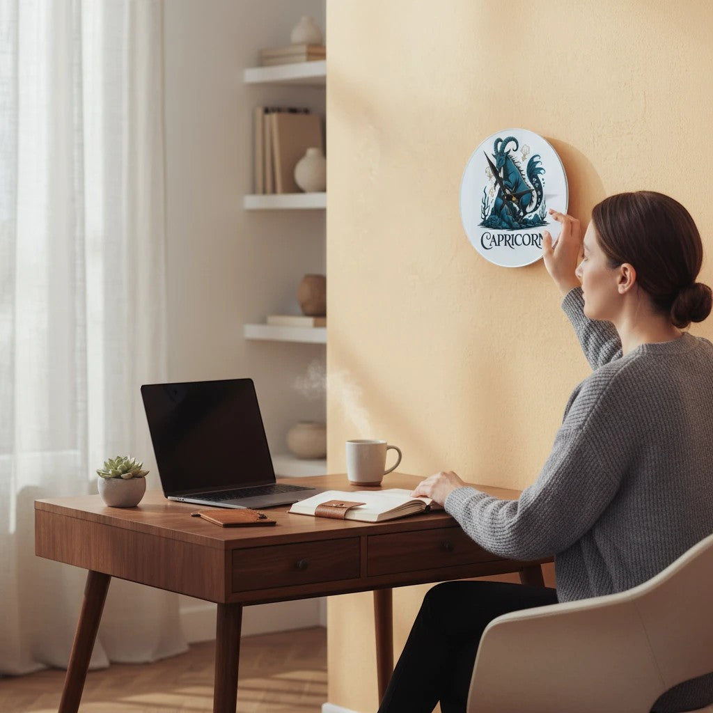 Sea Dragon Dreams round Capricorn acrylic wall clock hanging on a beige wall above a wooden desk in a home office.