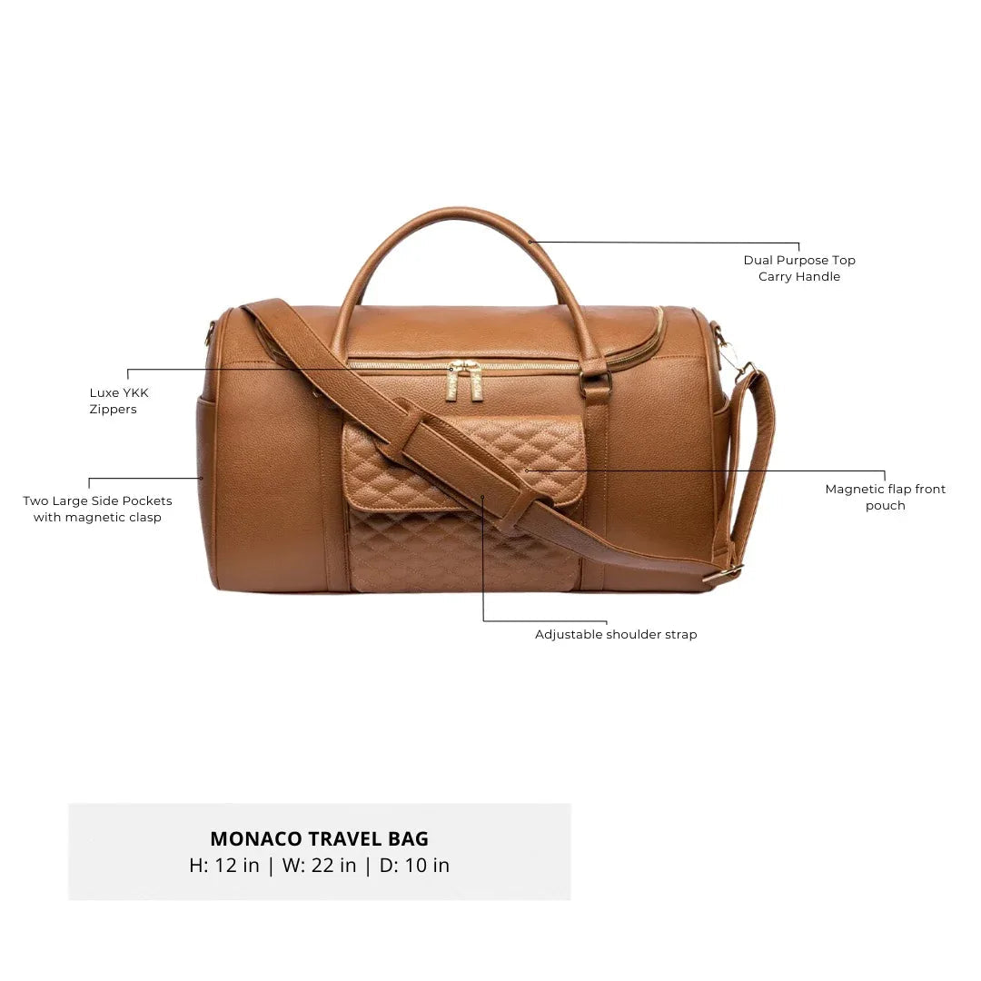 Sea Dragon Dreams caramel vegan leather weekender travel bag with quilted texture, gold hardware, and shoulder strap.