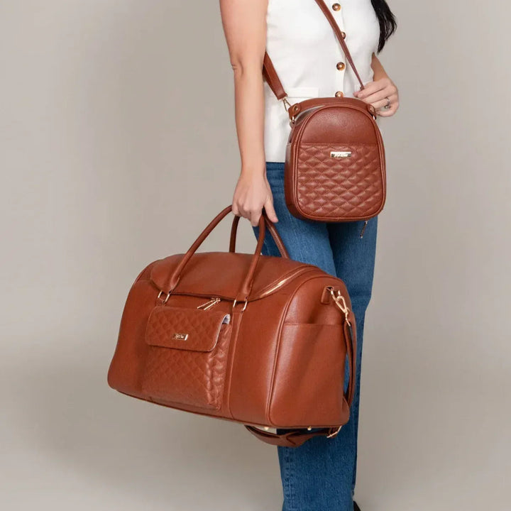 Sea Dragon Dreams caramel vegan leather weekender bag and matching crossbody bag with quilted details and gold hardware