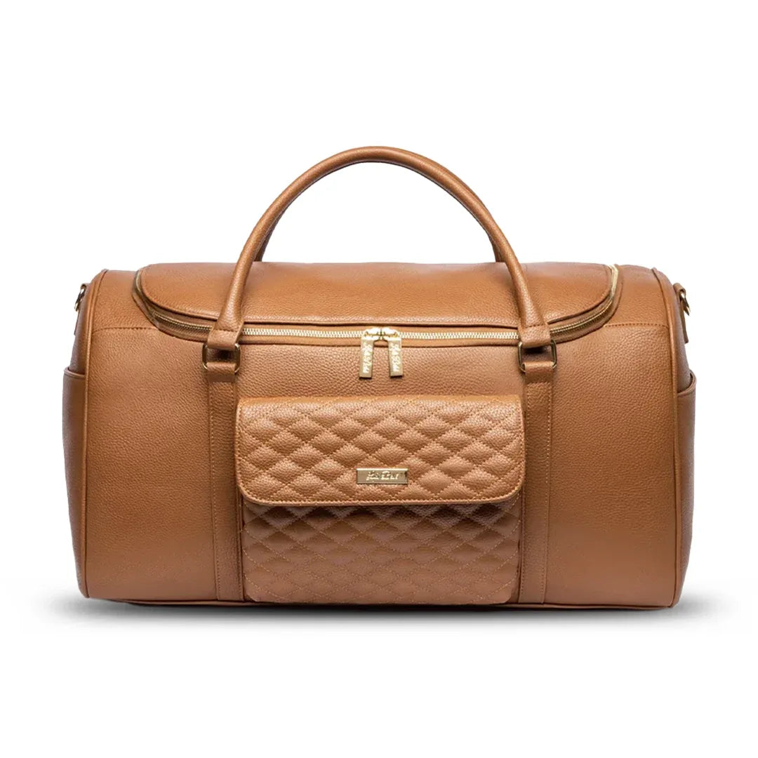 Sea Dragon Dreams caramel vegan leather weekender bag with quilted front pocket and gold hardware