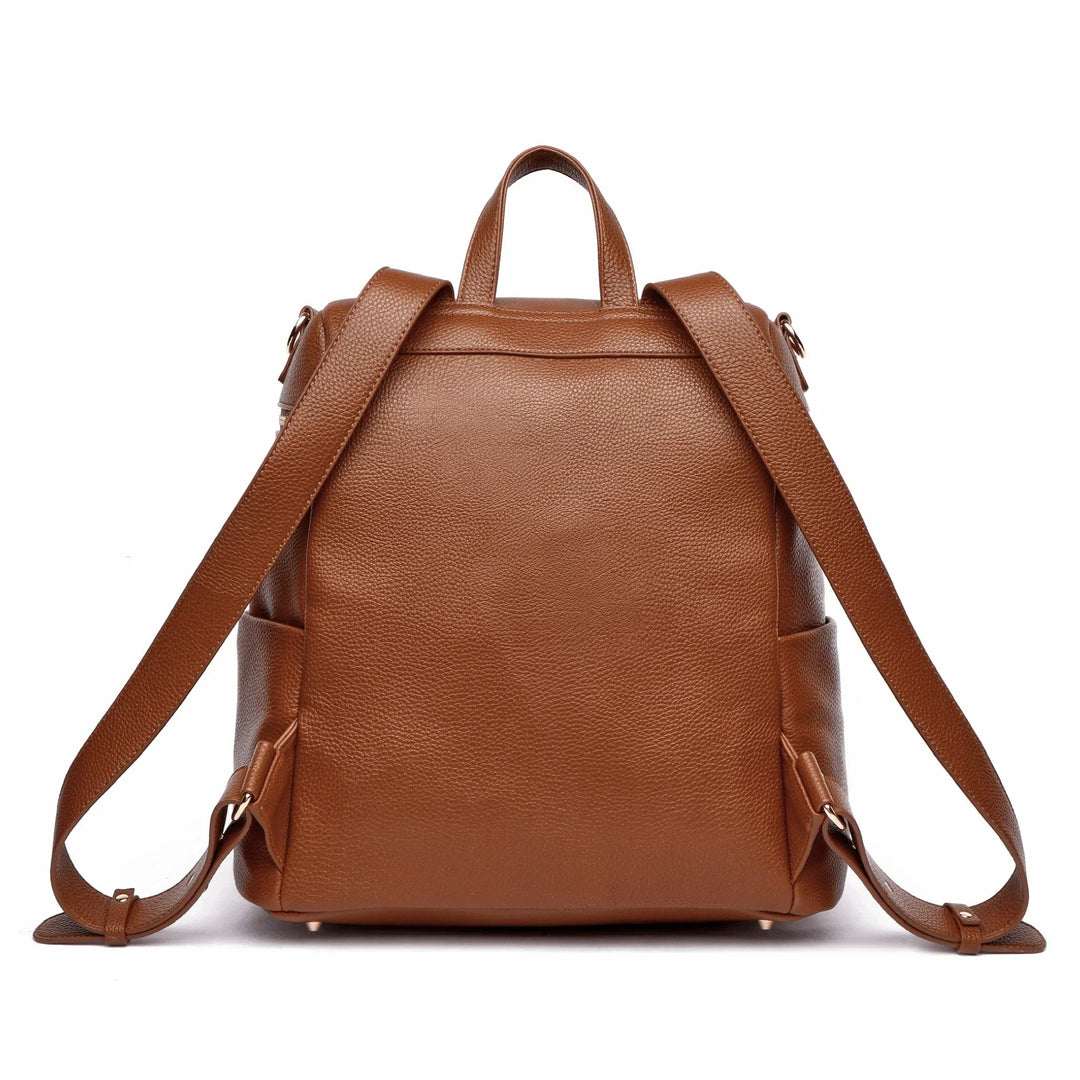 Sea Dragon Dreams Signature diaper bag backpack in caramel brown vegan leather with adjustable straps and top handle