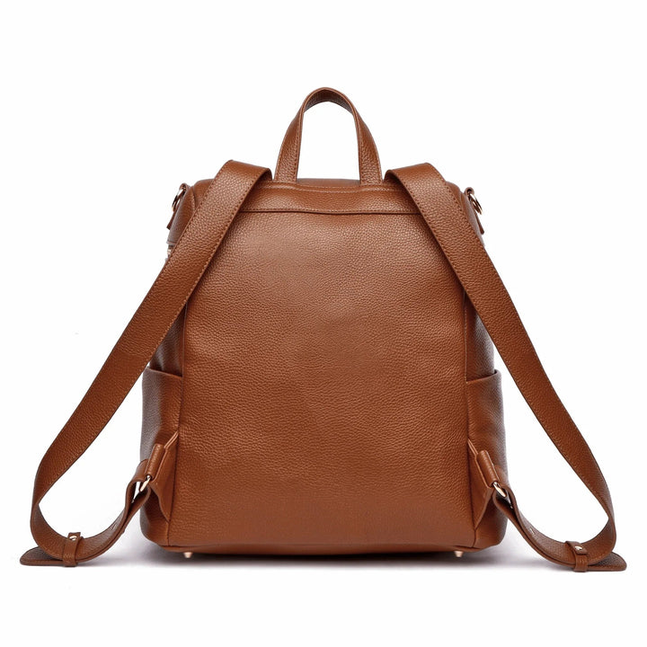 Sea Dragon Dreams Signature diaper bag backpack in caramel brown vegan leather with adjustable straps and top handle