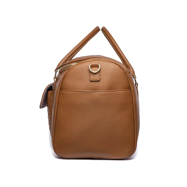Sea Dragon Dreams caramel vegan leather weekender bag with gold hardware and quilted side detail