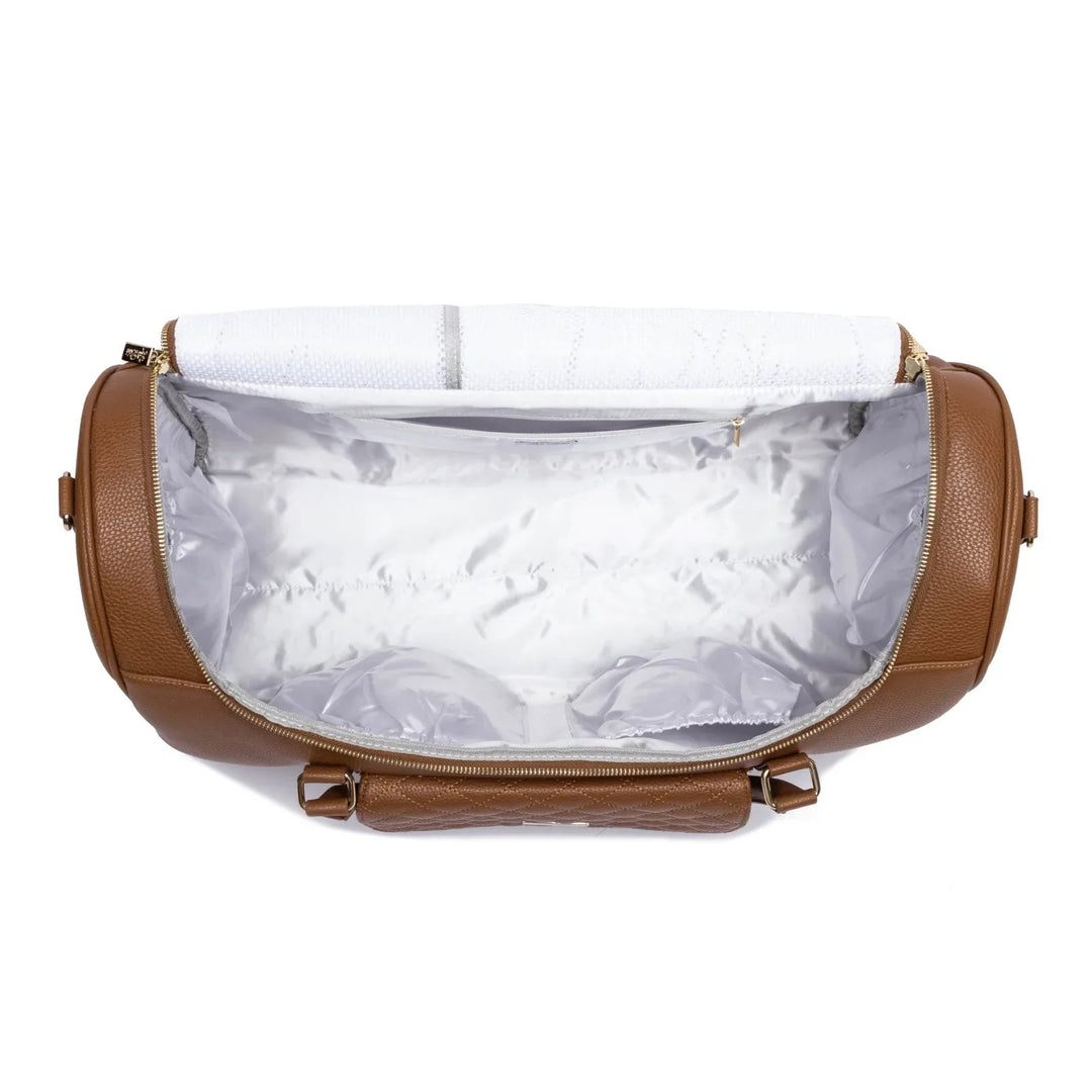 Sea Dragon Dreams caramel vegan leather weekender bag with open top showing white interior lining and pockets