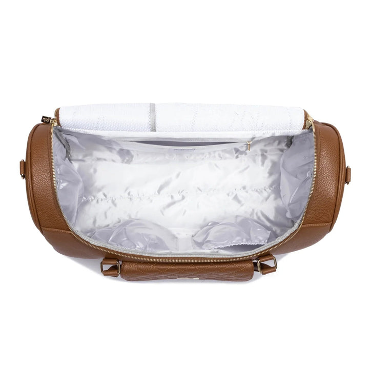 Sea Dragon Dreams caramel vegan leather weekender bag with open top showing white interior lining and pockets