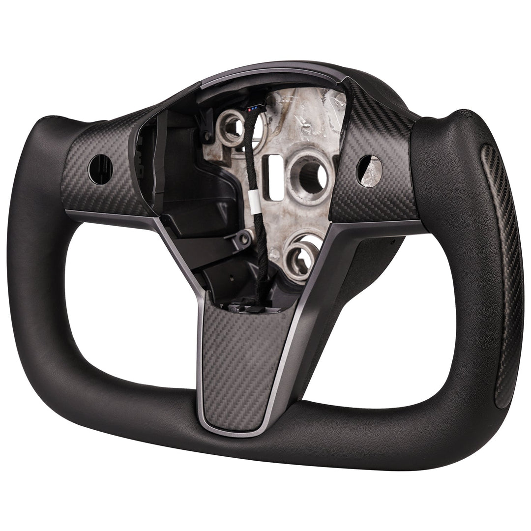 Sea Dragon Dreams carbon fiber yoke steering wheel for Tesla Model 3 and Model Y with black leather grips.