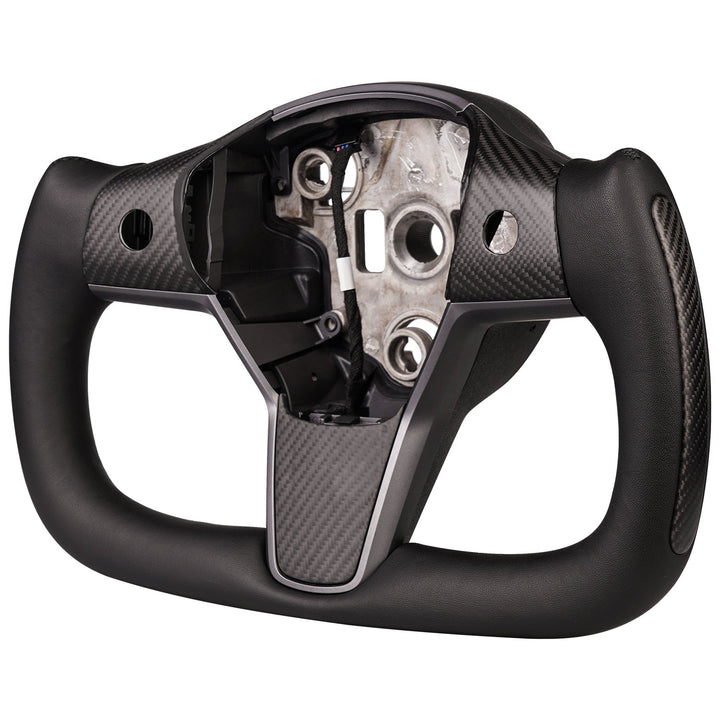 Sea Dragon Dreams carbon fiber yoke steering wheel for Tesla Model 3 and Model Y with black leather grips.