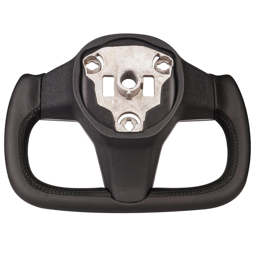 Sea Dragon Dreams carbon fiber yoke steering wheel for Tesla Model 3 and Y with black leather and ergonomic grip.