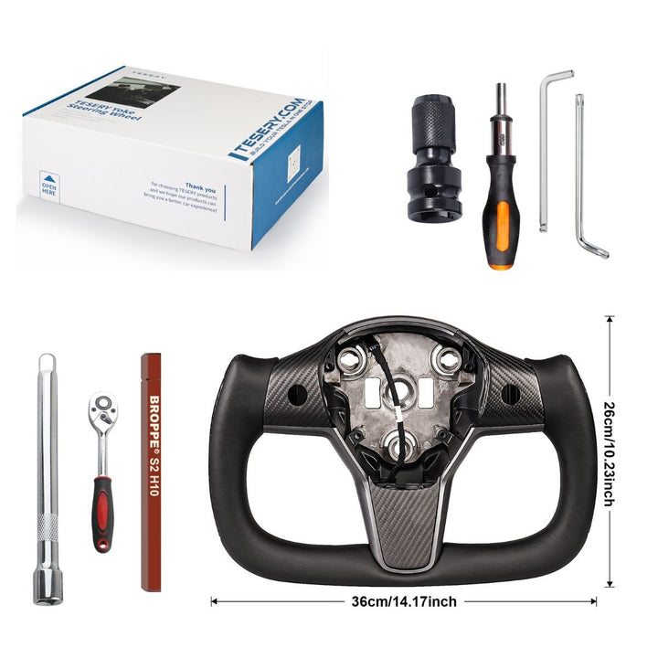 Sea Dragon Dreams carbon fiber yoke steering wheel for Tesla Model 3 and Y with included installation tools and box