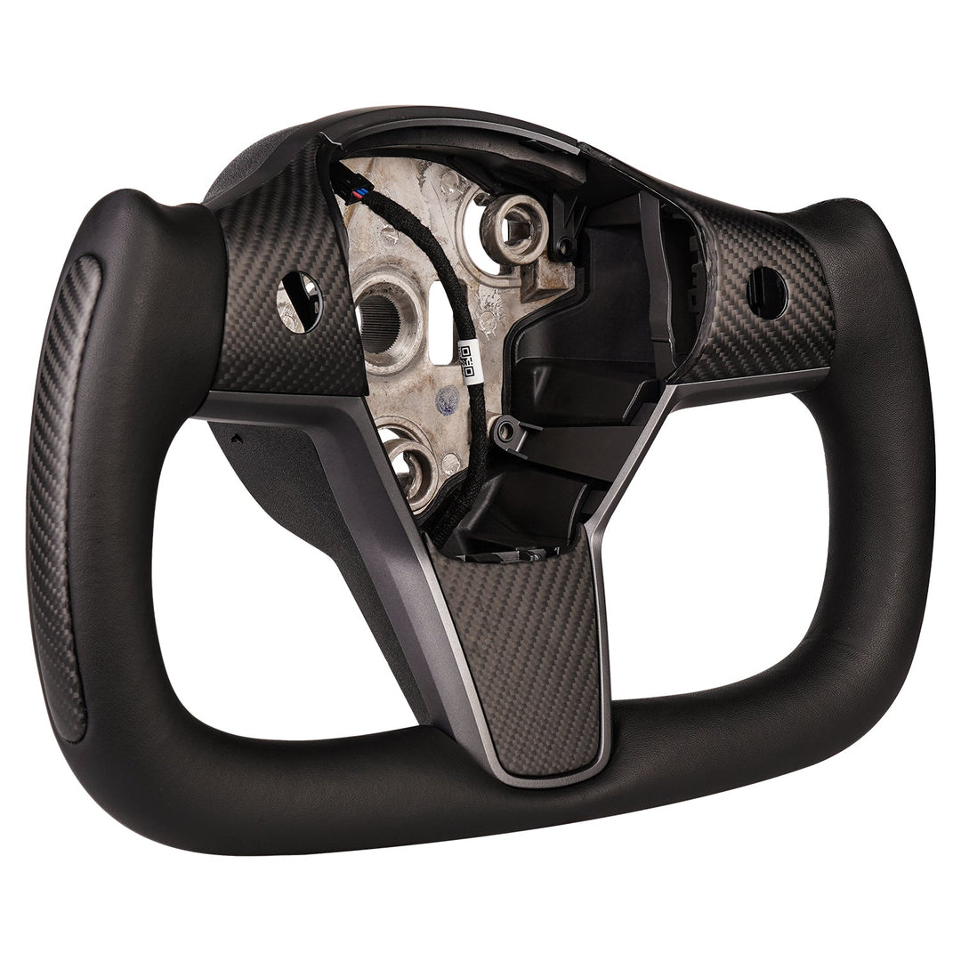 Sea Dragon Dreams carbon fiber yoke steering wheel for Tesla Model 3 and Y with black leather and ergonomic grip