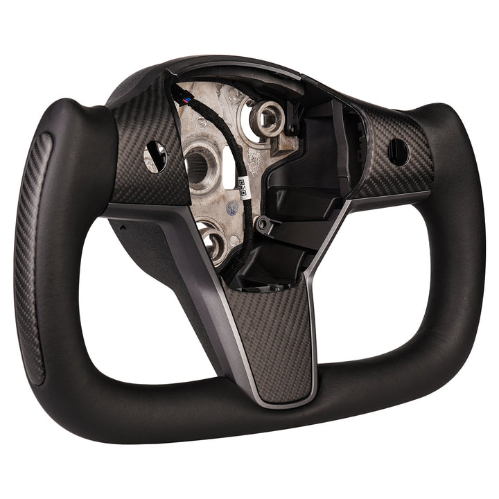 Sea Dragon Dreams carbon fiber yoke steering wheel for Tesla Model 3 and Y with black leather and ergonomic grip