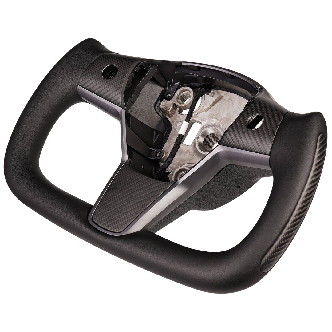 Sea Dragon Dreams carbon fiber yoke steering wheel for Tesla Model 3 and Model Y with black leather ergonomic grips