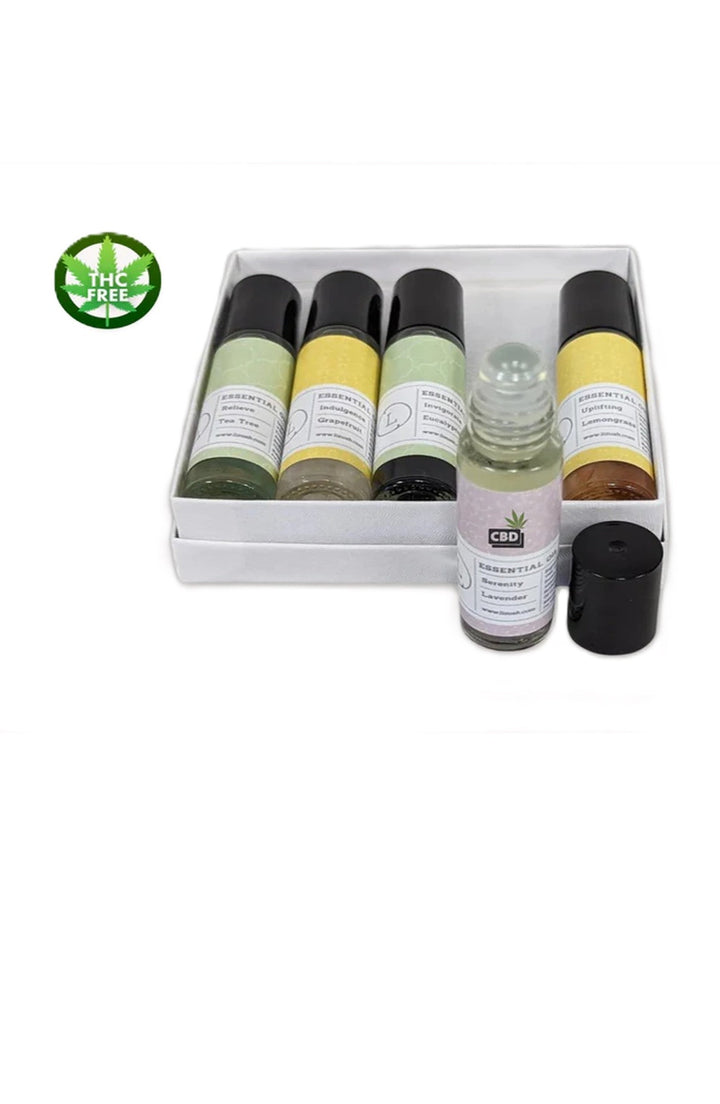 Sea Dragon Dreams CBD essential oil roll-on gift set with five crystal-infused scents in a white box