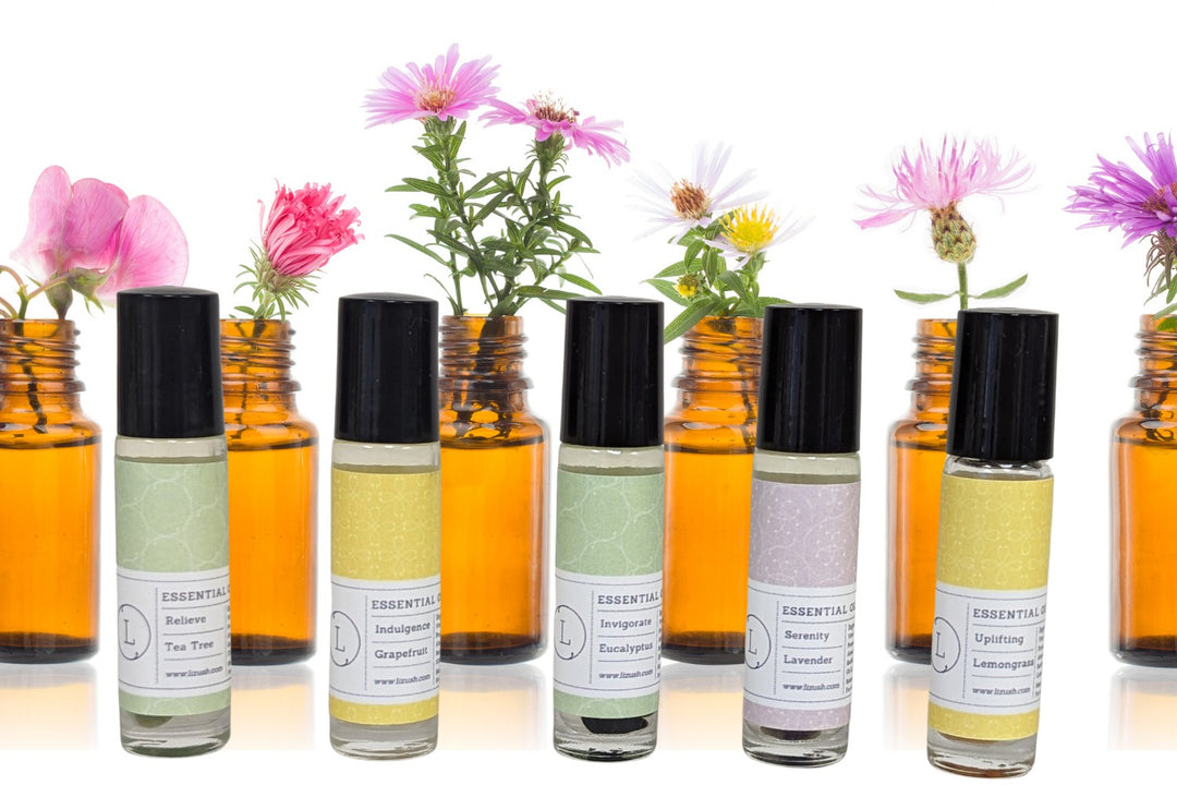 Sea Dragon Dreams CBD essential oil roll-on set featuring five aromatherapy scents with crystals in amber glass bottles