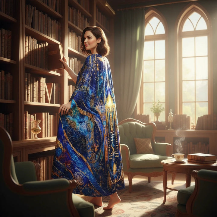 Sea Dragon Dreams unisex hooded cloak with radiant blue and gold spiritual artwork in a sunlit library setting.