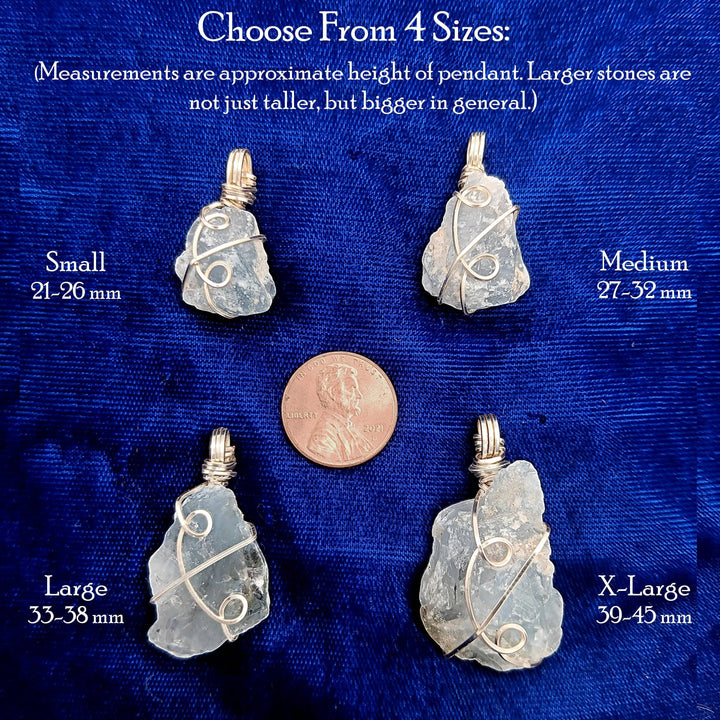 Sea Dragon Dreams raw celestite crystal pendants in four sizes, wire-wrapped in silver-plated copper on blue velvet.