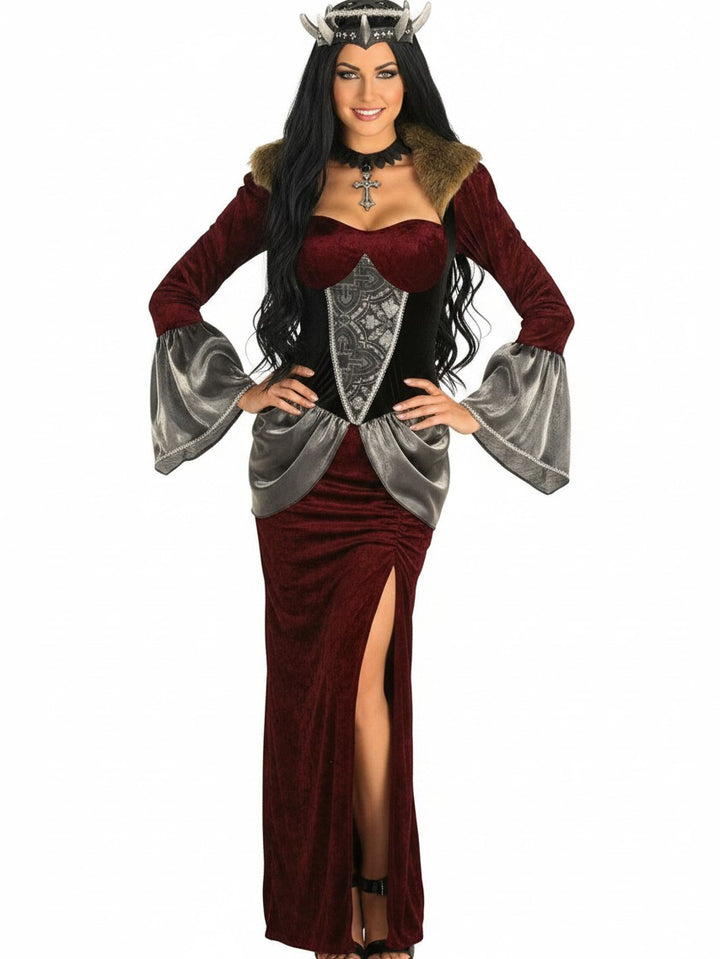 Sea Dragon Dreams Celtic Queen costume featuring a burgundy velvet dress, faux fur collar, and horned crown headpiece.