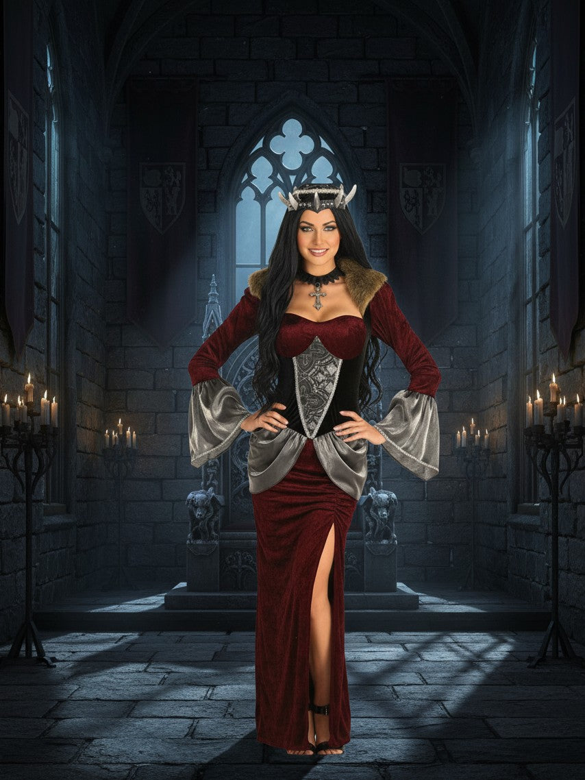 Sea Dragon Dreams Celtic queen costume featuring a deep red velvet dress, faux fur collar, and a horned crown.