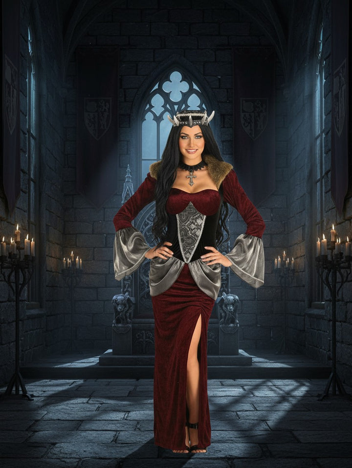Sea Dragon Dreams Celtic queen costume featuring a deep red velvet dress, faux fur collar, and a horned crown.