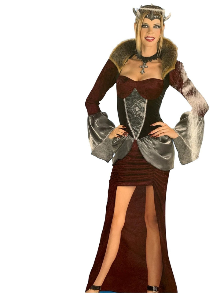 Sea Dragon Dreams Celtic Queen costume featuring a burgundy dress with faux fur collar, choker, and horned crown.
