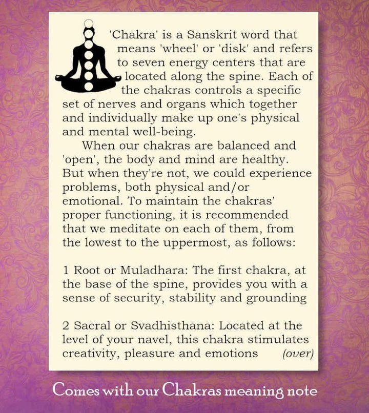 Sea Dragon Dreams informational card explaining the seven chakras and their meanings for spiritual wellness