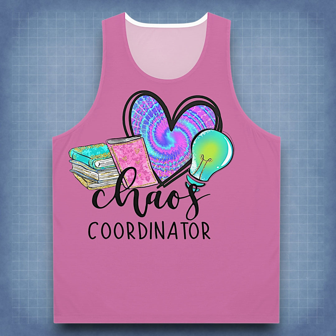 Sea Dragon Dreams pink unisex tank top with a Chaos Coordinator graphic featuring books, a heart, and a lightbulb.