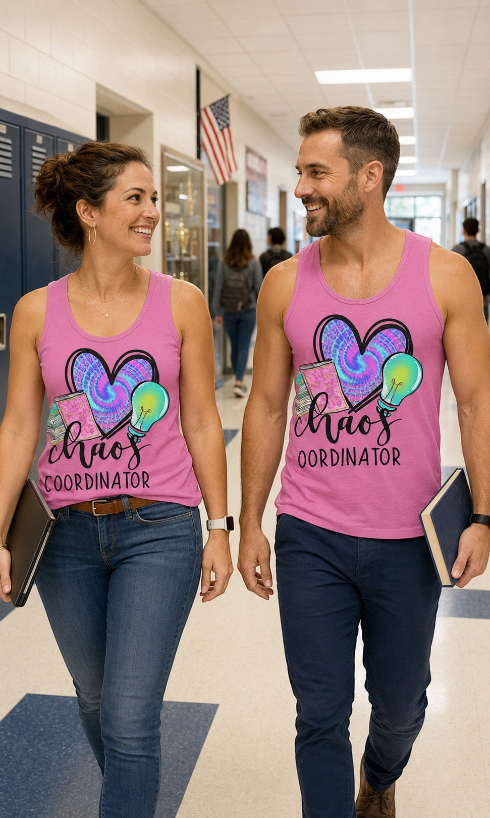 Sea Dragon Dreams unisex pink tank tops with Chaos Coordinator graphic, worn by a man and woman in a school hallway.