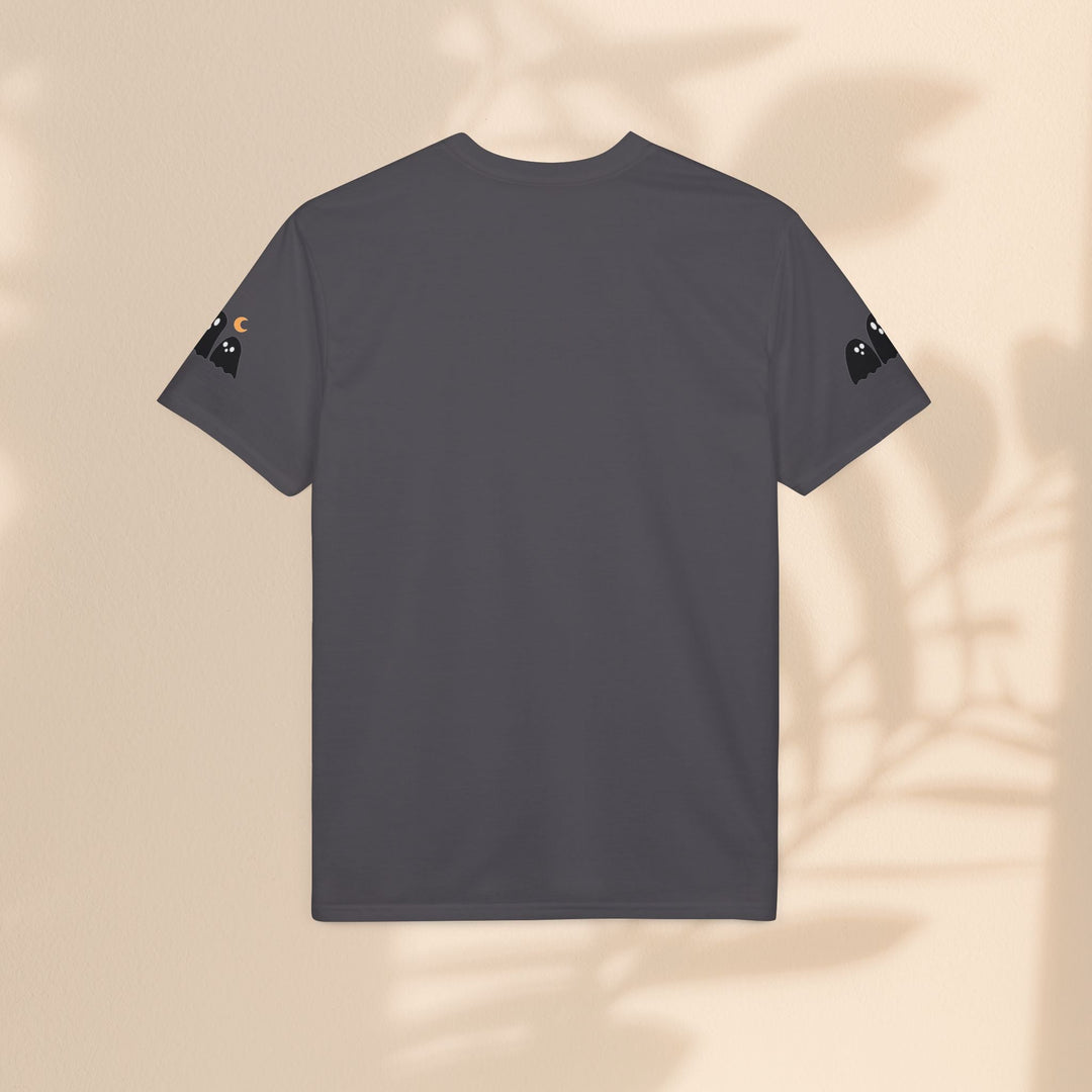 Sea Dragon Dreams dark grey performance t-shirt with small ghost graphics on the sleeves, back view.
