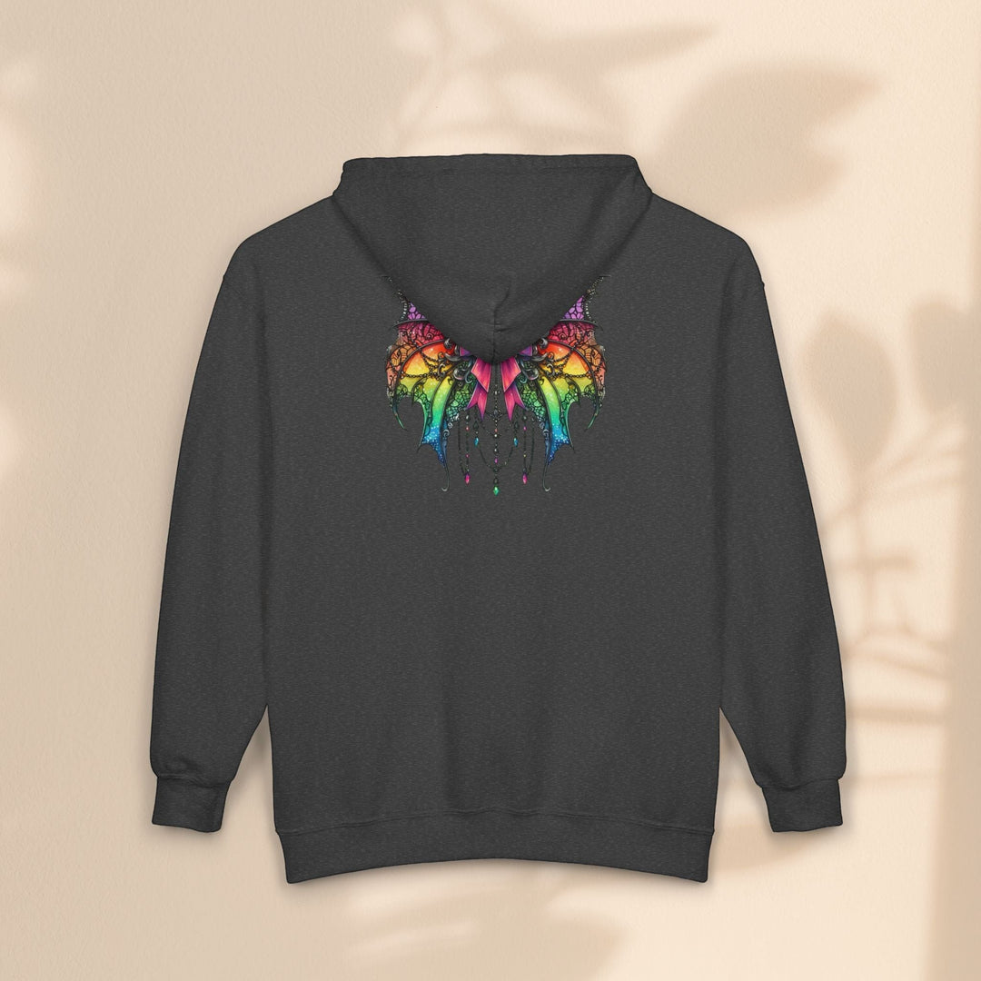 Sea Dragon Dreams charcoal grey full zip hoodie featuring a colorful rainbow spider bow design on the back.
