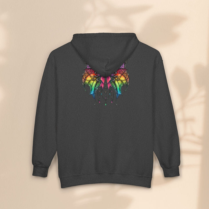 Sea Dragon Dreams charcoal grey full zip hoodie featuring a colorful rainbow spider bow design on the back.