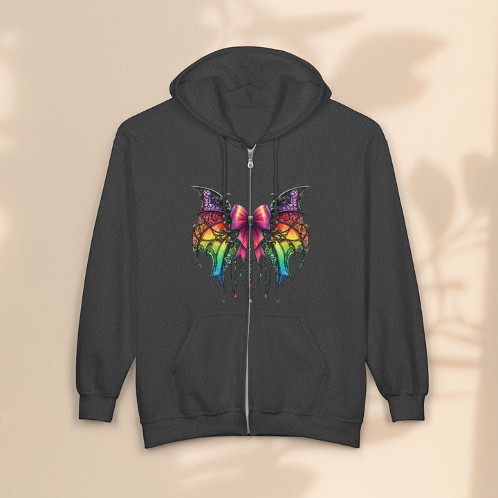 Sea Dragon Dreams charcoal grey full zip hoodie featuring a vibrant rainbow spider bow graphic on the chest.