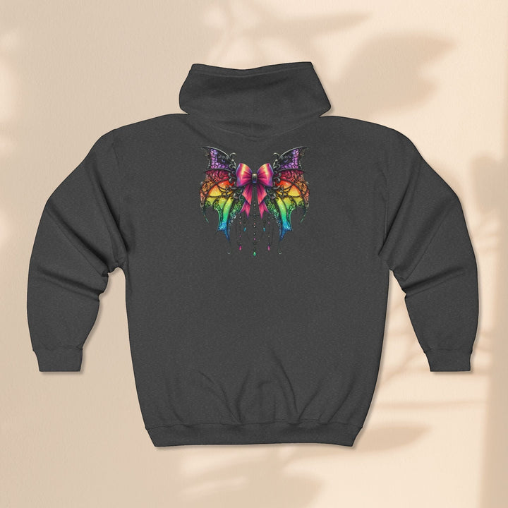 Sea Dragon Dreams charcoal grey full zip hoodie featuring a colorful spider bow graphic on the back