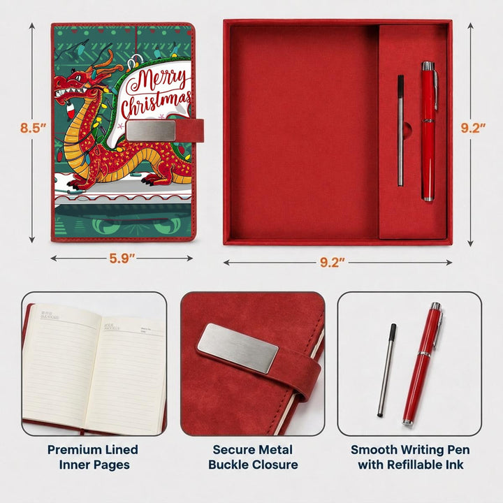 Sea Dragon Dreams Merry Christmas dragon notebook gift set with red metal pen, lined pages, and metal buckle closure.