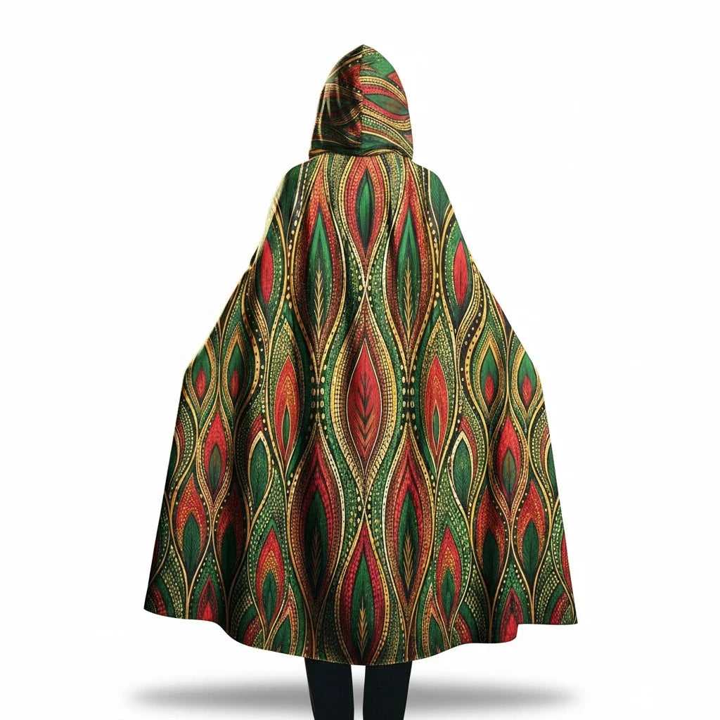 Sea Dragon Dreams unisex hooded cloak in festive green, red, and gold leaf pattern on smooth scuba fabric