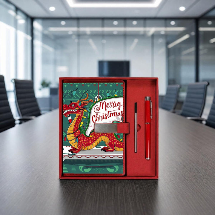 Sea Dragon Dreams Merry Christmas notebook and red metal pen gift set featuring festive dragon artwork